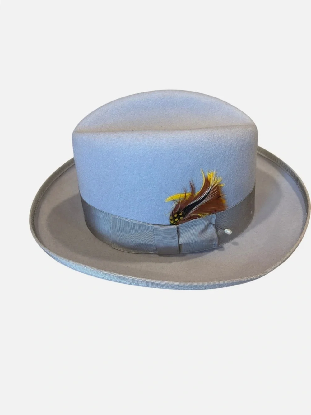 VTG Capas Design Light Gray Wool Fedora with Feather Accent Hat Godfather USA